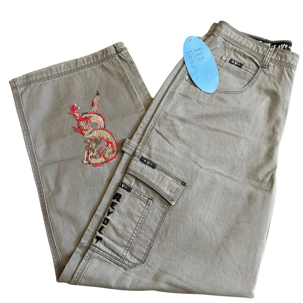Vtg‎ R.V.T. Revolt Mens Cargo Pants 34x34 Y2K Dragon Embroidery Piping Hot HTF